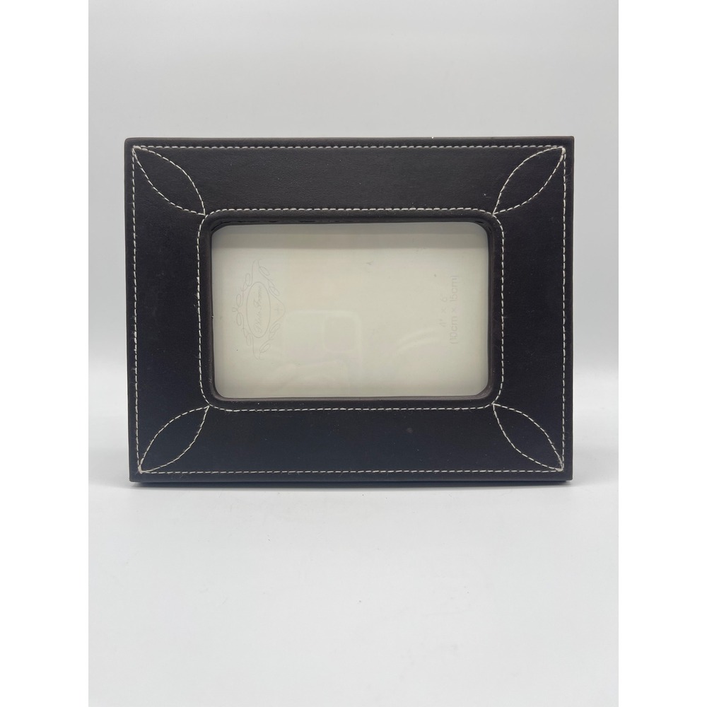 Dark Brown Faux Leather 4x6 Photo Frame White Contrast Stitching Tabletop Decor